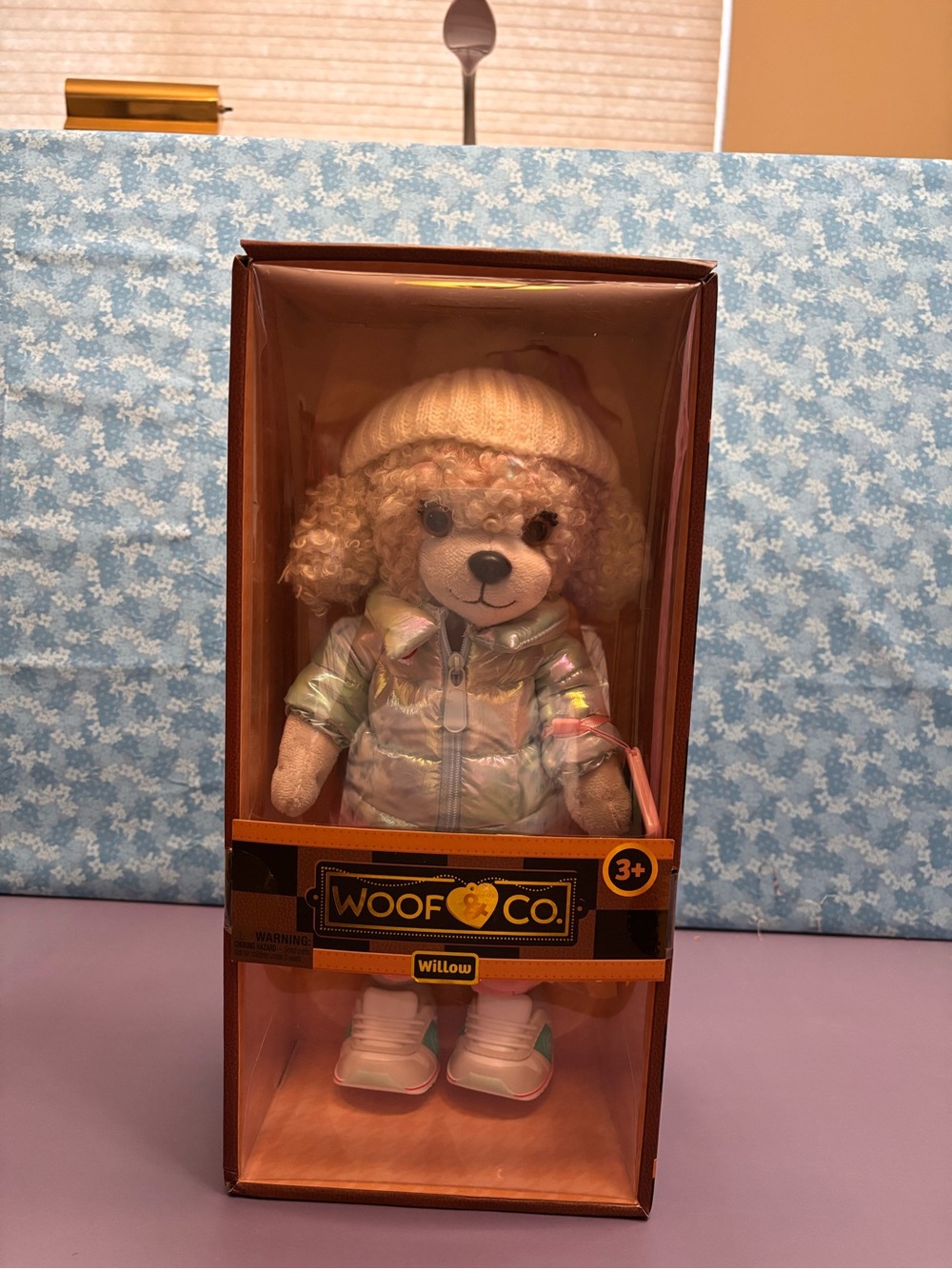 Willow Plush Dog in Iridescent Jacket and Pink Beanie